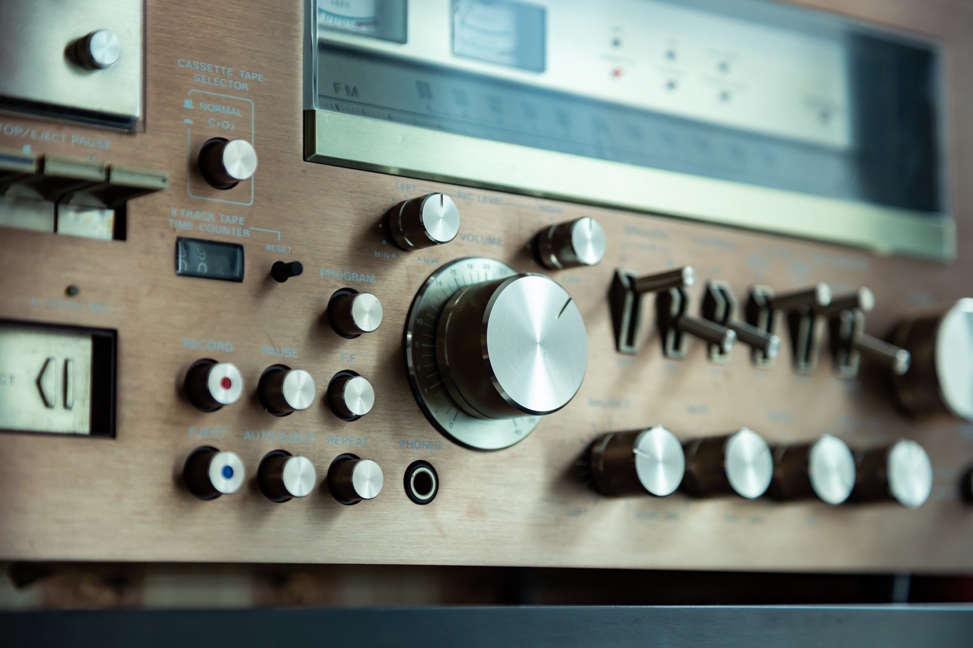 Vintage Audio Stereo Gear Setup Copper Front Panel with Large Volume Control Knob and other Controls